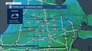 High temps return to the mid to upper 40's today with cloud cover remaining across our neighborhoods