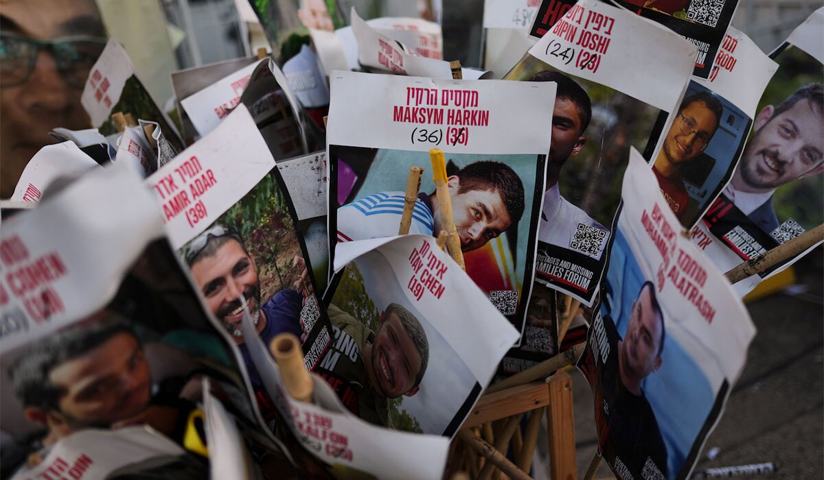 Placards with photographs of hostages 