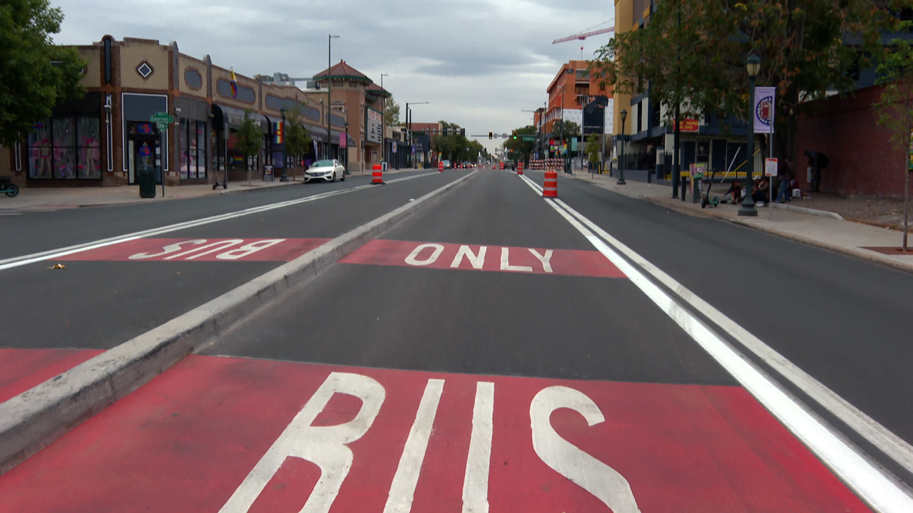 Colfax's new center lanes are dedicated to RTD bus service.