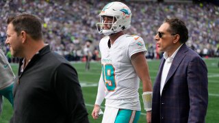 Miami Dolphins quarterback Skylar Thompson (19) leaves the field during the second half of an NFL football game against the Seattle Seahawks, Sunday, Sept. 22, 2024, in Seattle. 