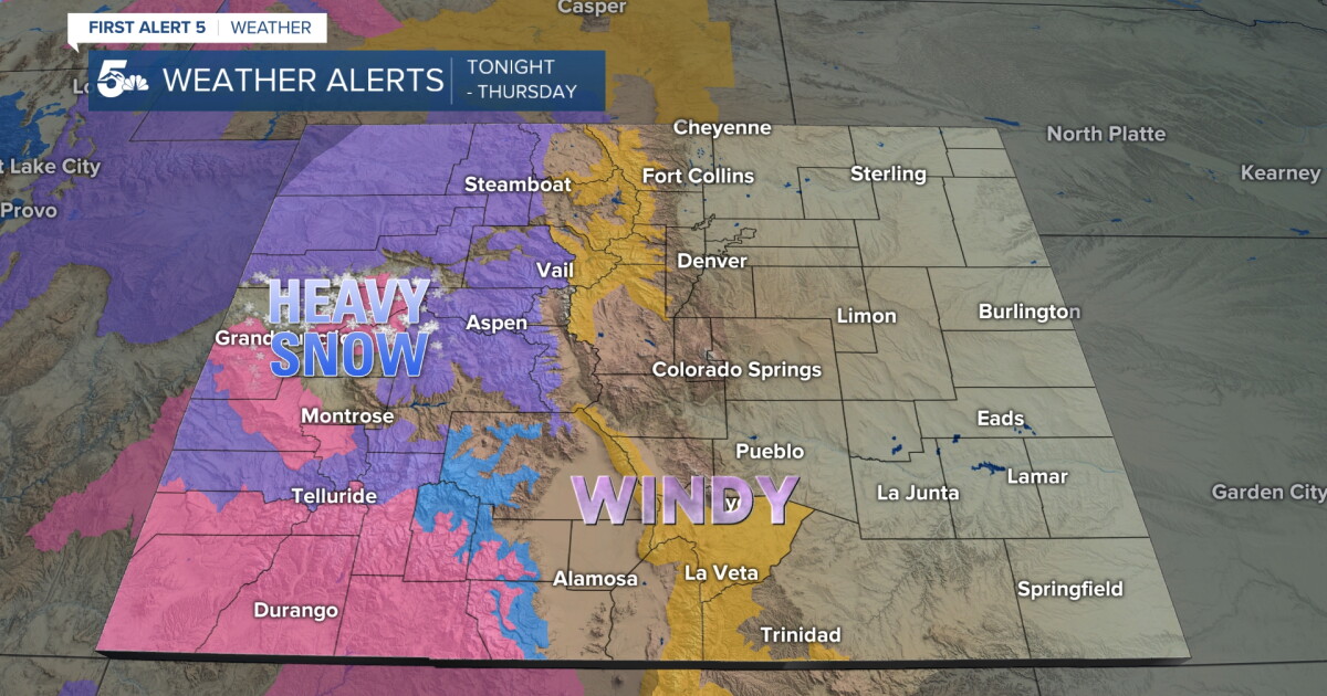 Heavy mountain snow Wednesday, with snow on the Plains Wednesday night