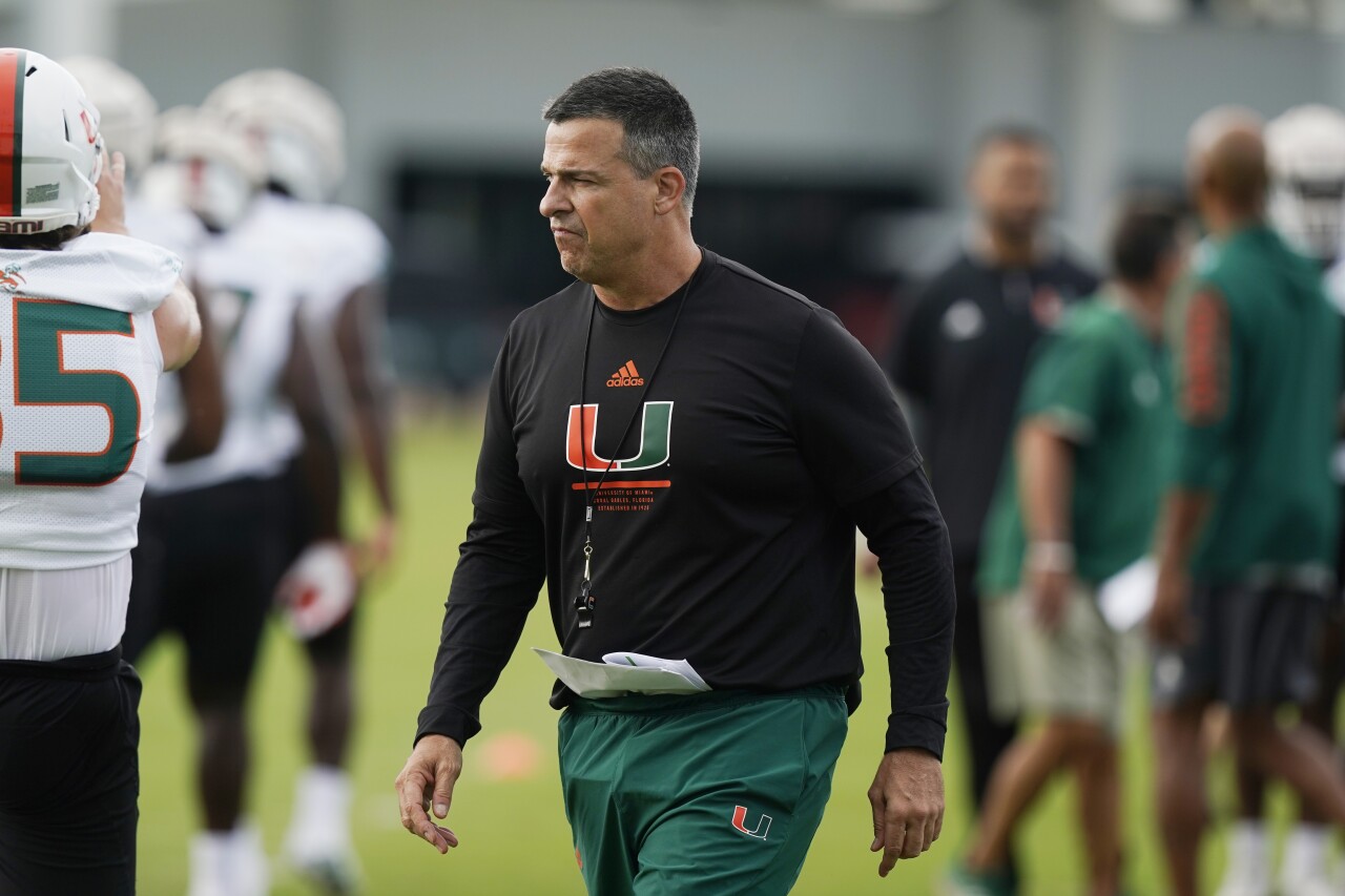 Miami Hurricanes head coach Mario Cristobal at practice, Aug. 5, 2022