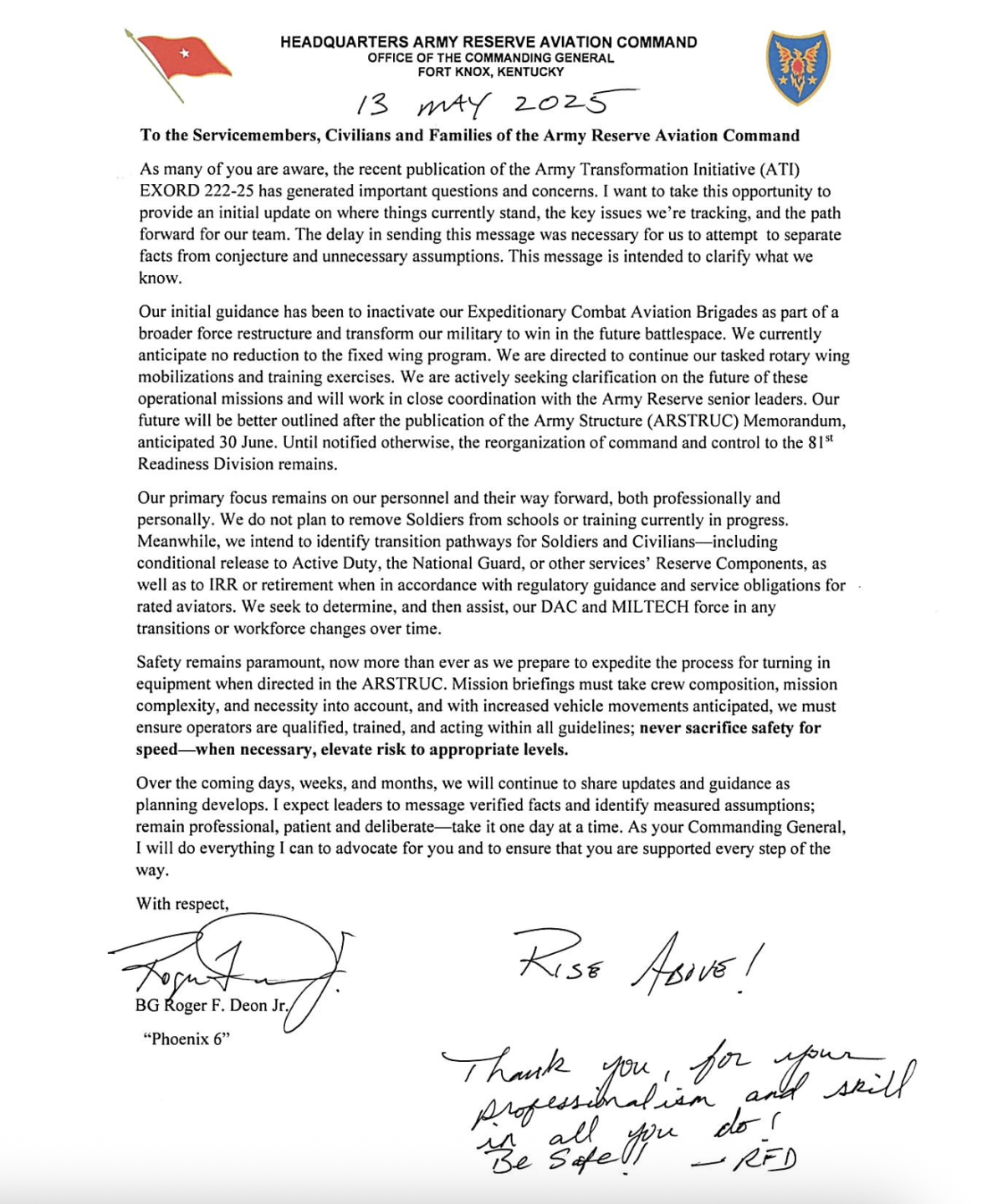 Army Reserve Aviation Command letter