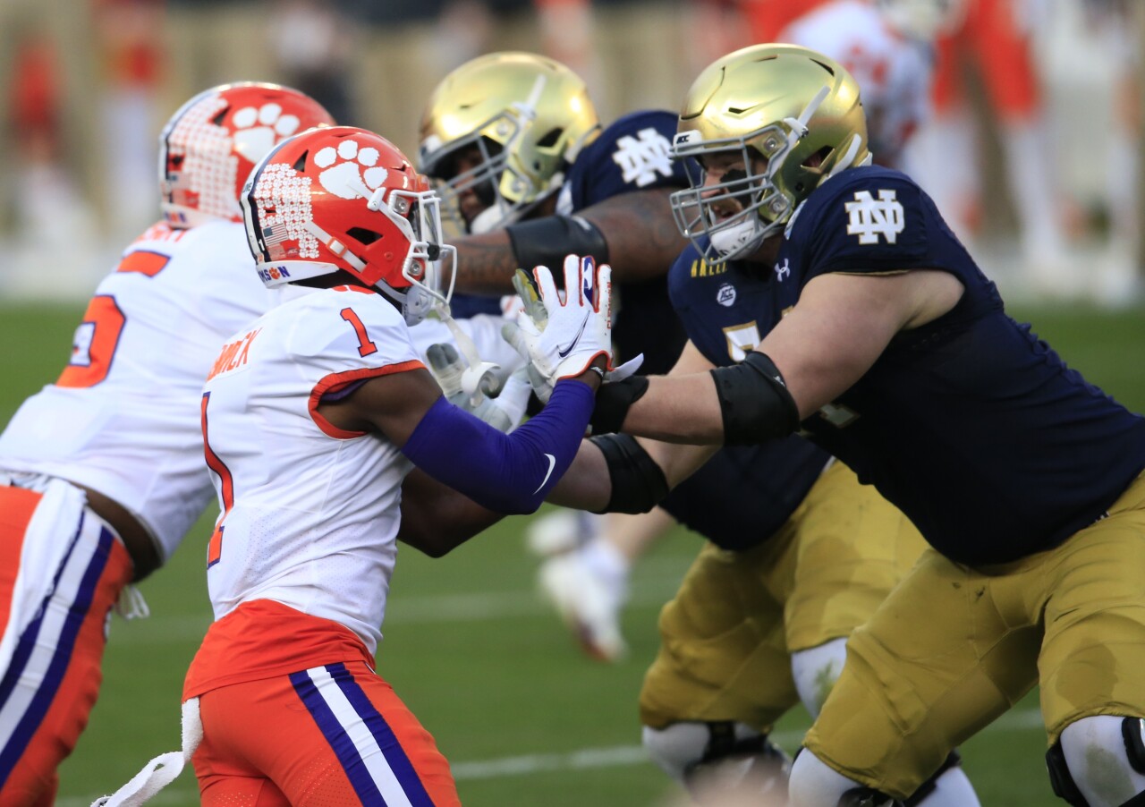 Notre Dame Fighting Irish offensive lineman Liam Eichenberg vs. Clemson Tigers cornerback Derion Kendrick in 2020 ACC Championship