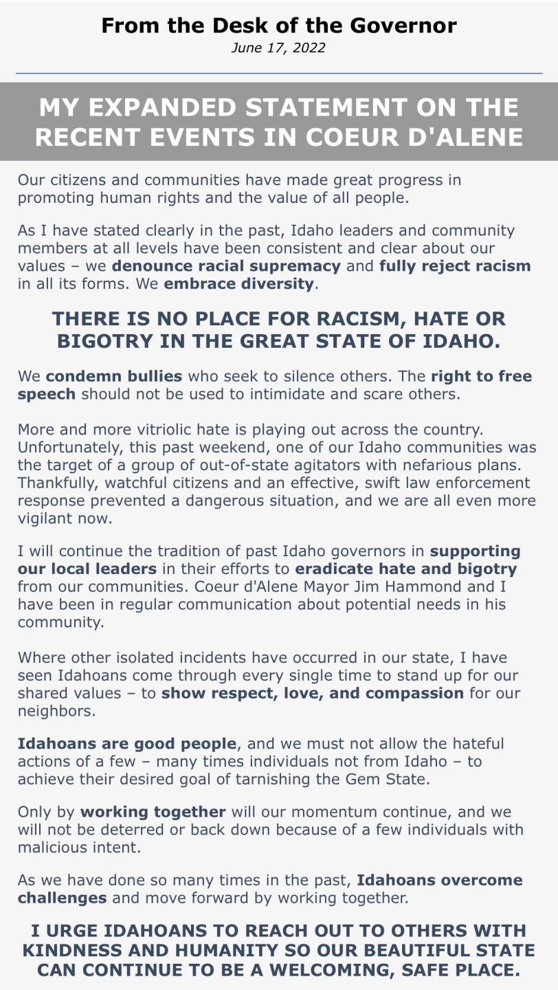 Gov. Brad Little extended statement on Patriot Front arrests