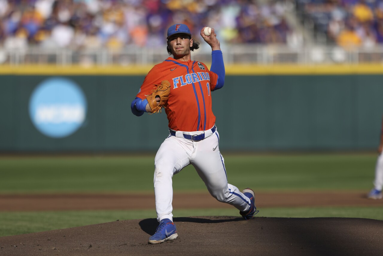 Florida Gators pitcher Jac Caglianone throws in first inning of deciding game of College World Series, June 26, 2023