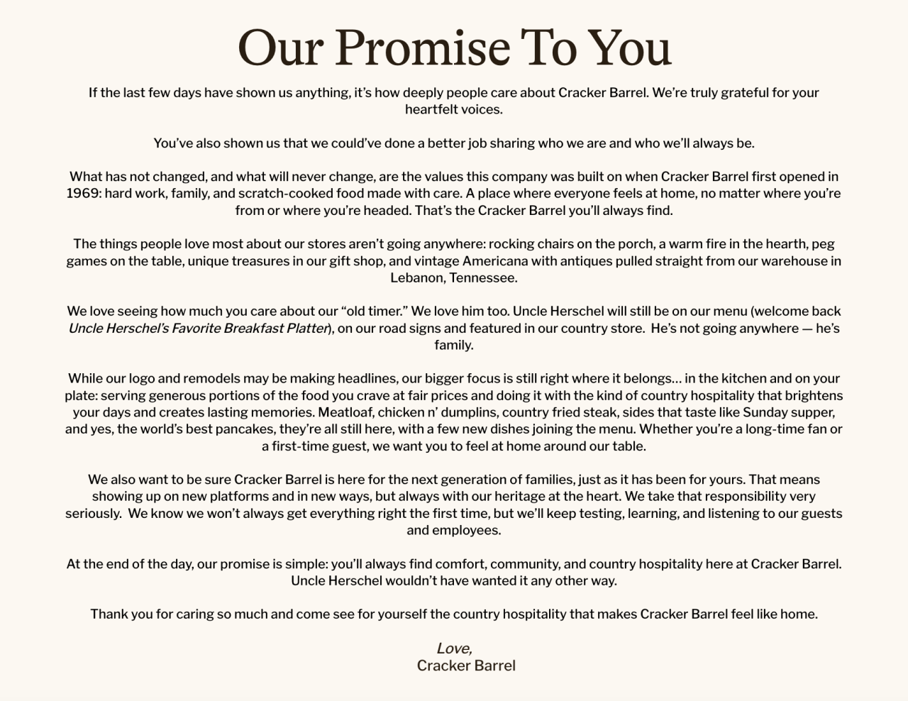 Cracker Barrel statement