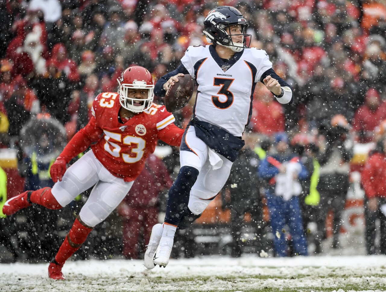 Denver Broncos QB Drew Lock vs Kansas City Chiefs in snow in 2019