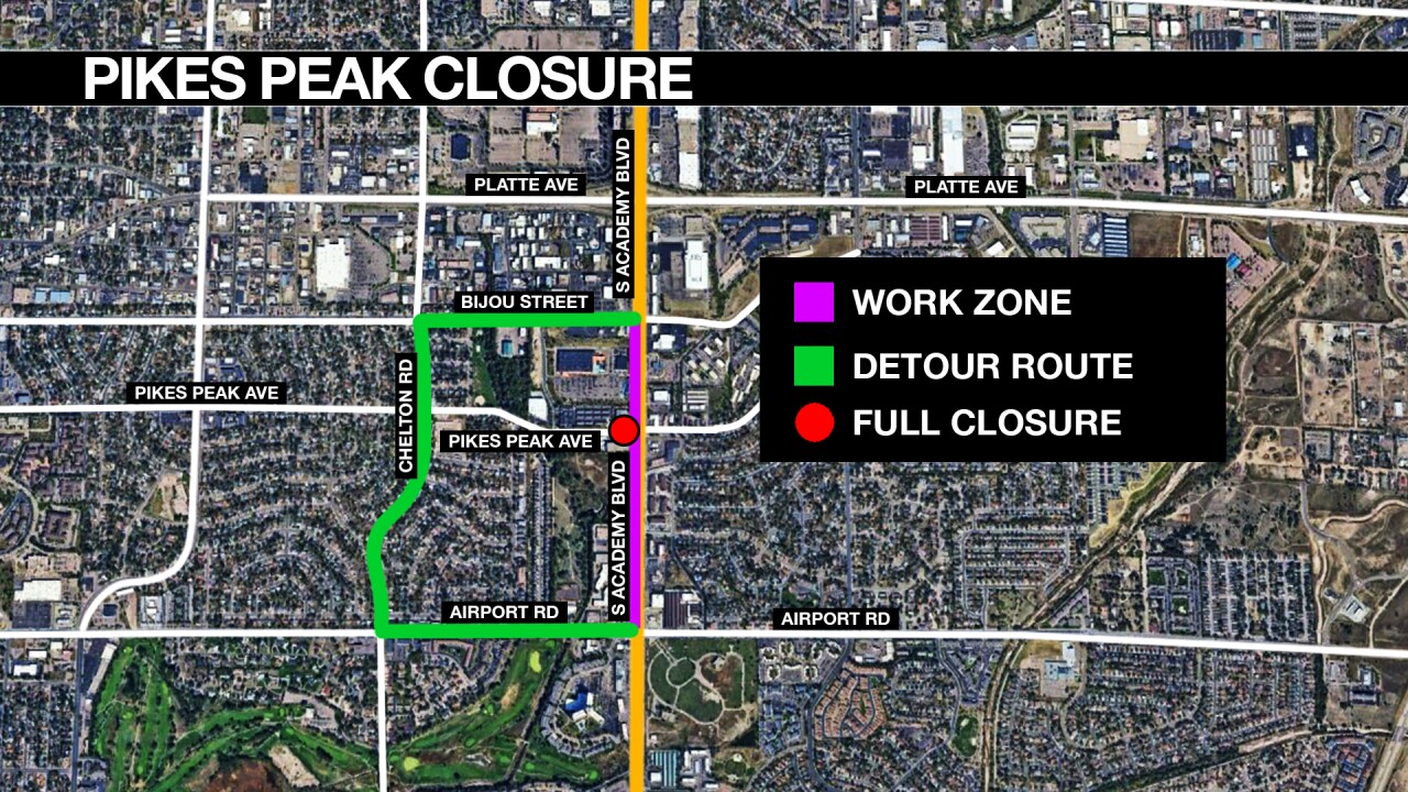Pikes Peak Closure Map showing a detour to chelton road from either Bijou or Airport in green, with the work zone on academy in purple, and the red dot showing the closure.