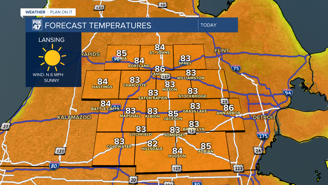 High temps today reach the mid 80's across Mid-Michigan with weak winds out of the north