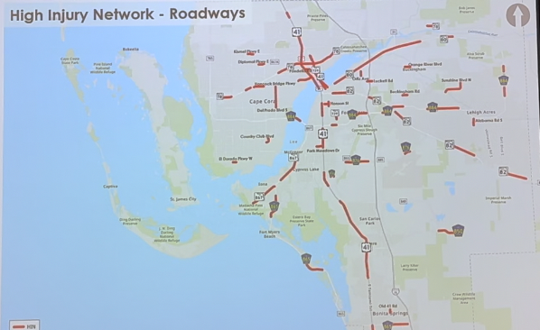 Map of marked dangerous roads in Lee County MPO study