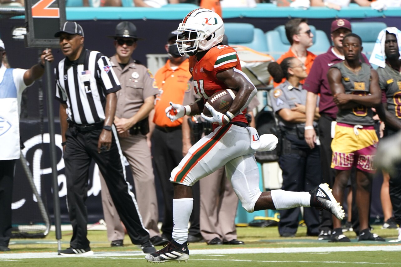 Miami Hurricanes running back Henry Parrish runs for first down vs. Bethune-Cookman, Sept. 3, 2022
