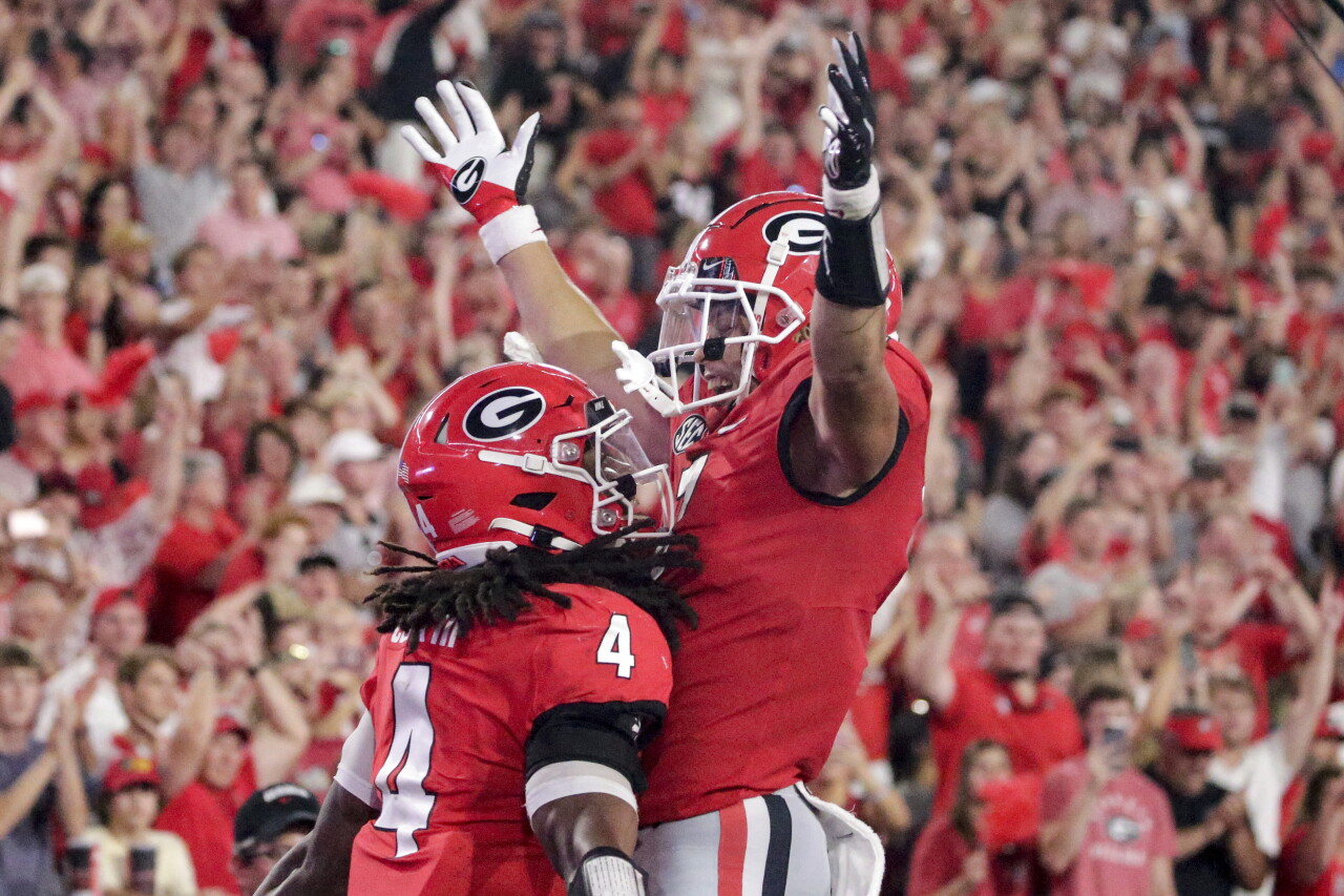 Georgia Bulldogs running back Dalvin Cook and wide receiver Jermaine Burton celebrate after touchdown vs. South Carolina Gamecocks, Sept. 18, 2021