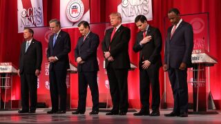 Republican presidential candidates participate in a moment of silence for U.S. Supreme Court Justice Antonin Scalia.