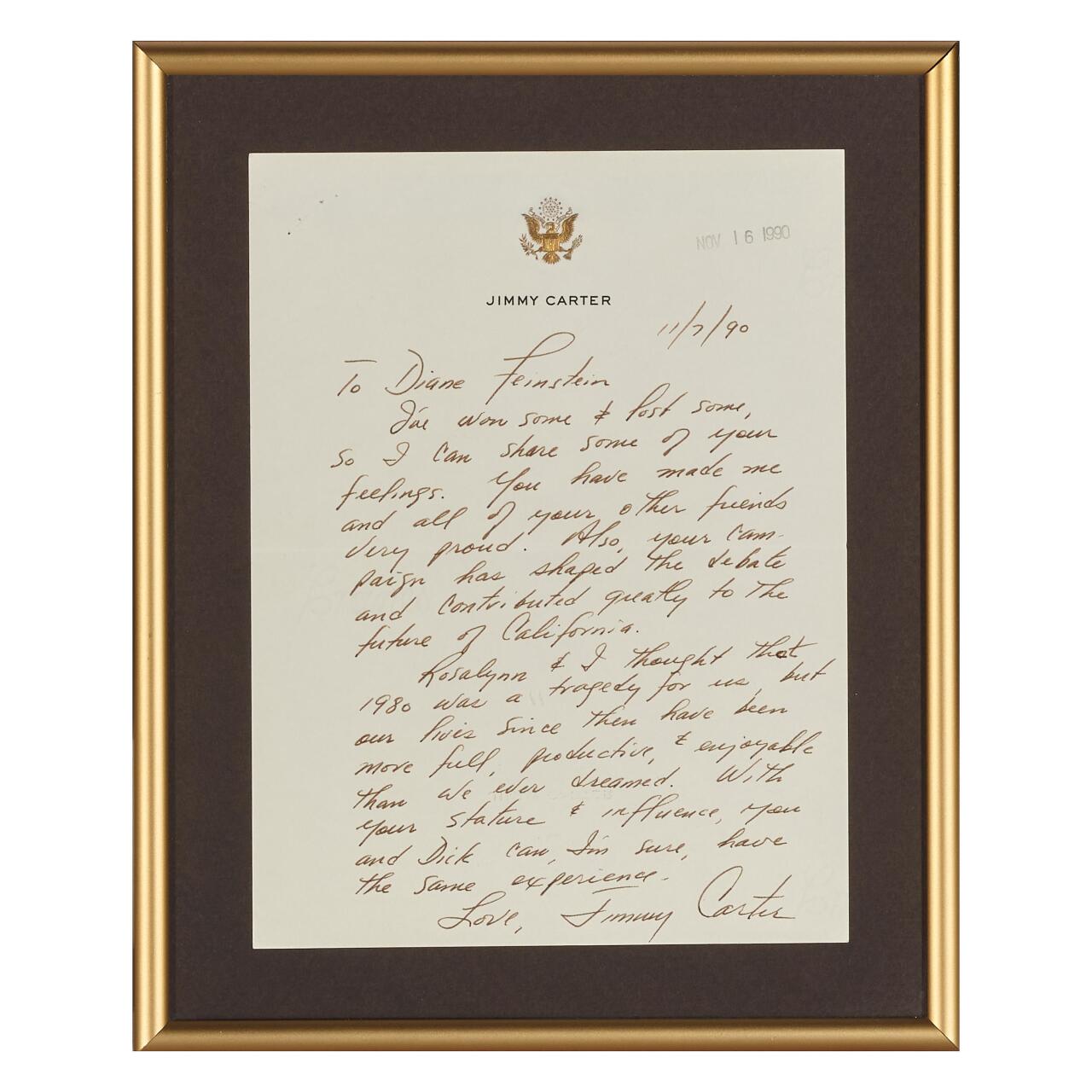 Former President Jimmy Carter's personal note to Sen. Dianne Feinstein after the 1990 California gubernatorial election.