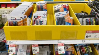 Back-to-school and office supplies are on sale at a Target store, Wednesday, July 27, 2022, in North Miami, Fla. Back-to-school shopping is extra expensive this year, due to inflation. But coordinating with people in your community can help you save money. 
