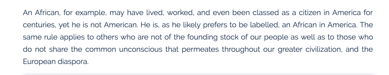 A now-excised portion of the image-obsessed white nationalist group's manifesto, preserved via Wayback Machine, claims people not of European heritage cannot be Americans.