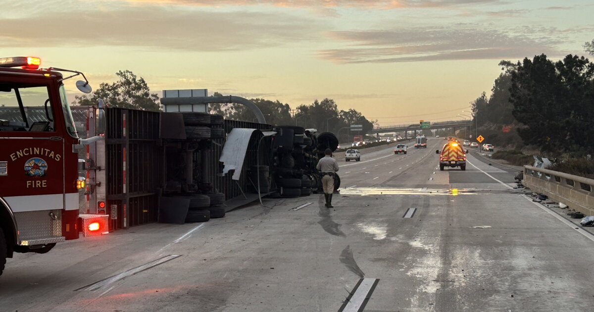 All lanes, except HOV, closed on I-5 at Encinitas Blvd due to semi-truck rollover
