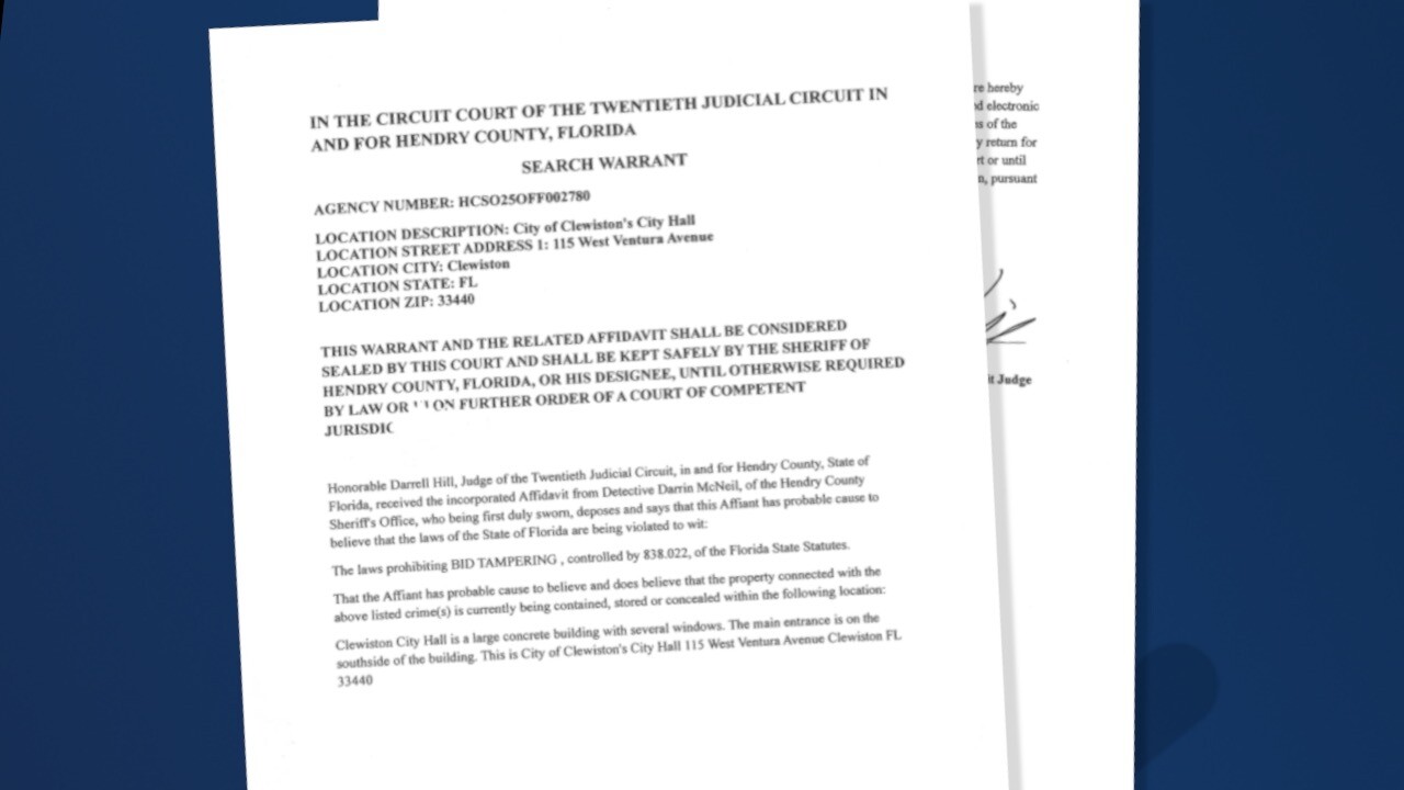 Clewiston City Hall raid search warrant. front page