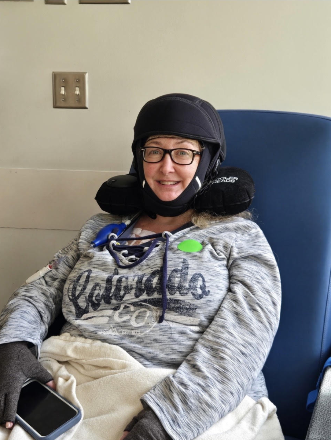 Melinda in her cooling cap