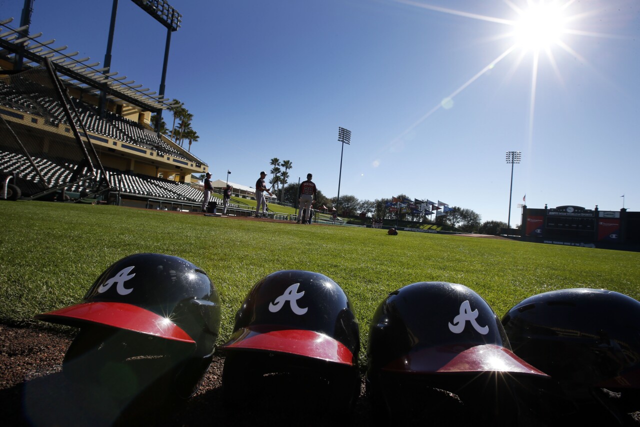 Atlanta Braves helmets during spring training in Kissimmee in 2014