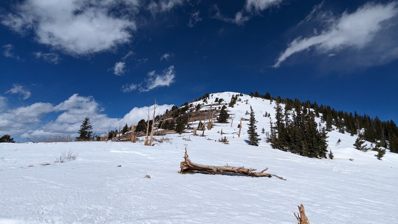 Several inches to a foot of wind-blown snow is still covering Mount Columbia's ridgeline