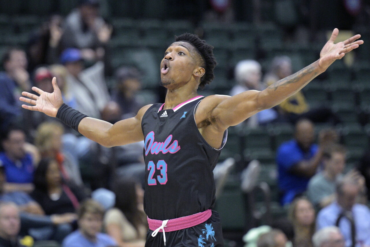 FAU Owls guard Brandon Weatherspoon celebrates after scoring 3-point shot during first half of ESPN Events Invitational championship game against Virginia Tech, Nov. 26, 2023