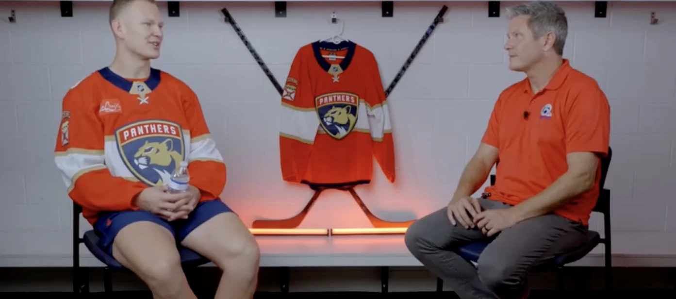 Florida Panthers forward Brady Tkachuk with WPTV Anchor and Panthers 360 host Mike Trim