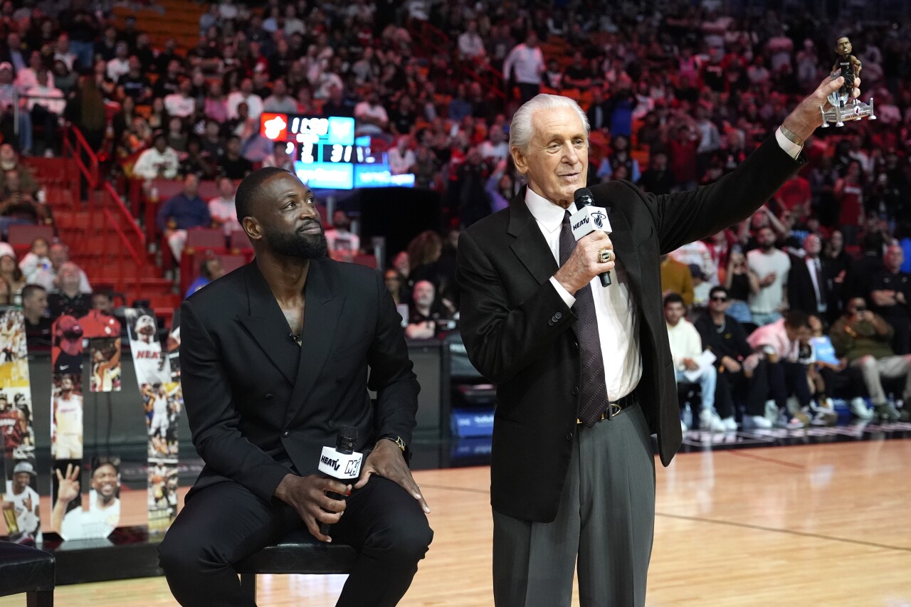 Miami Heat President Pat Riley honors Dwyane Wade during halftime, Jan. 14, 2024
