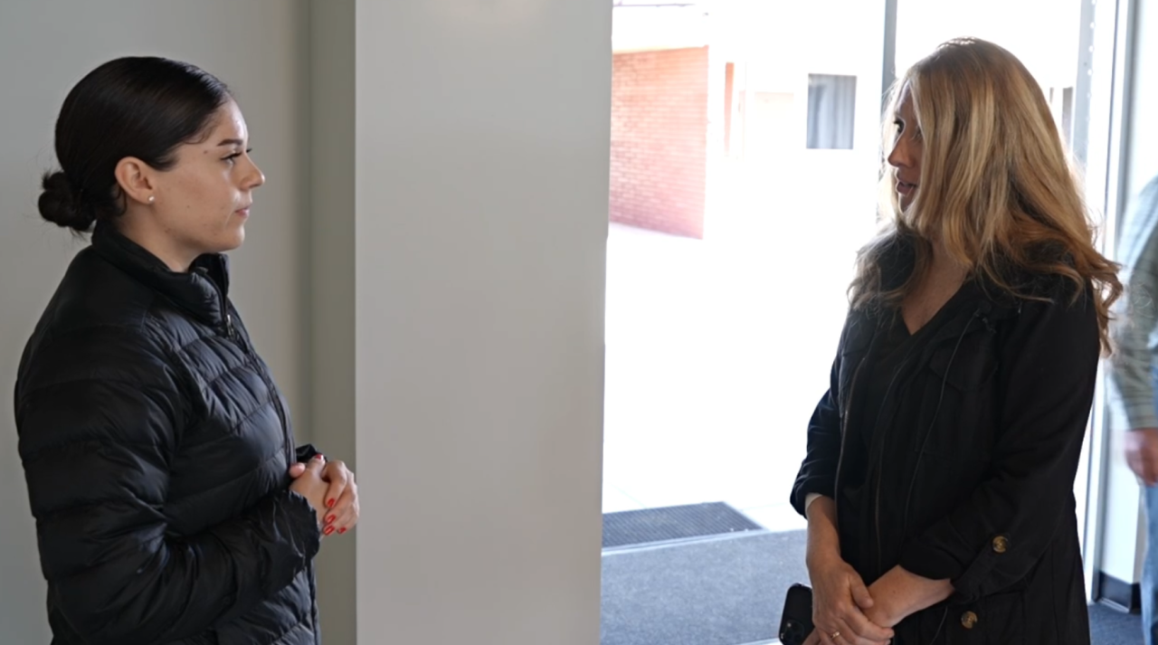 Neighborhood News Reporter Priscilla Lara interviewing Superintendent of Arvin School District Georgia Rhett. Rhett says the campus has never had an actual kitchen, but do now.