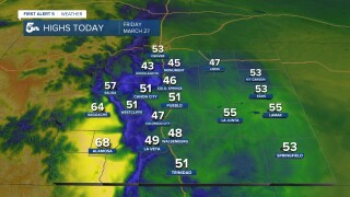 Highs in southern Colorado will be below average on March 27th, 2026