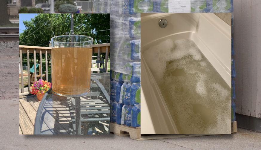 Brown water in jar and tub