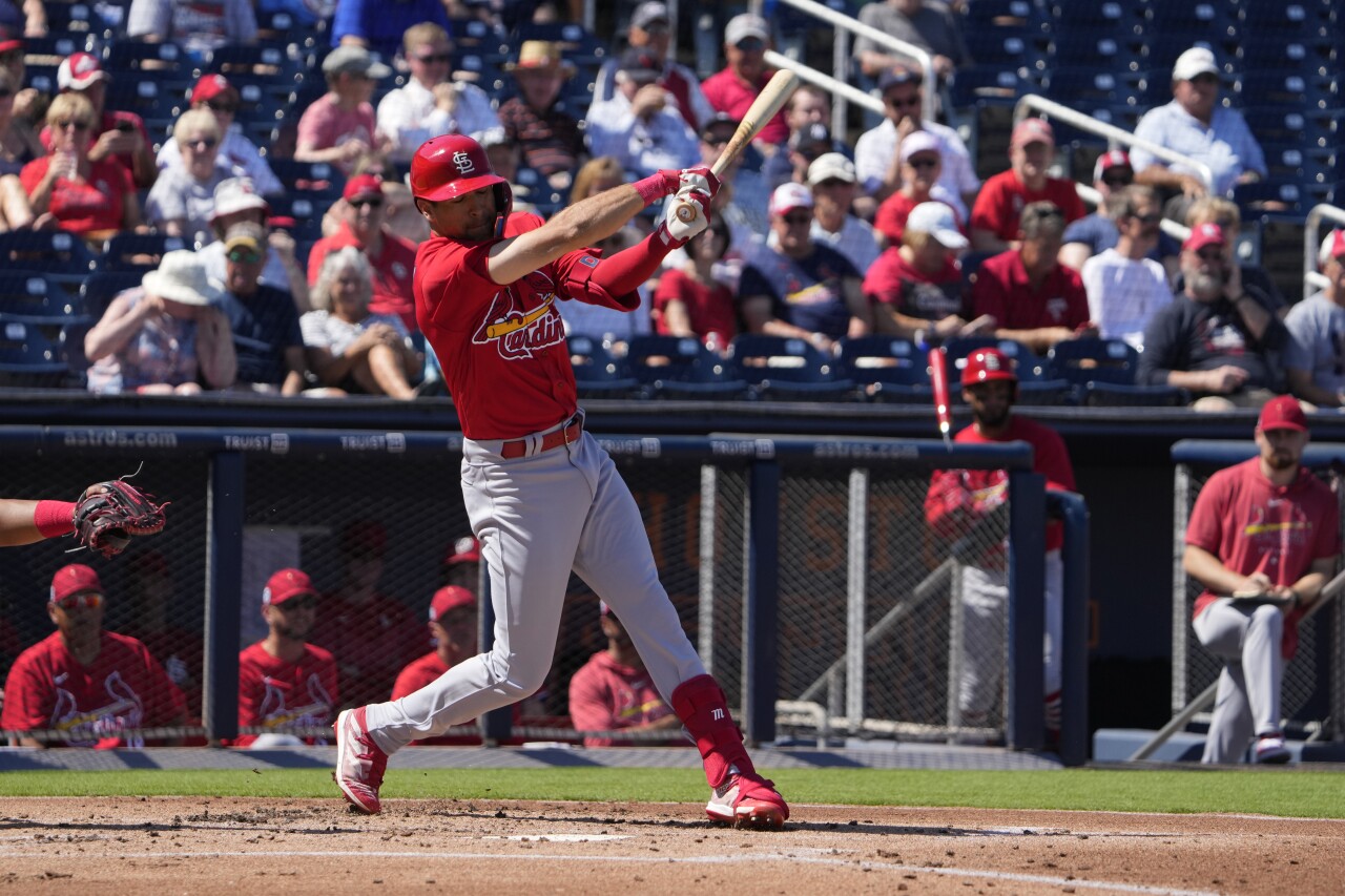 St. Louis Cardinals outfield Dylan Carlson bats during second inning of spring training game vs. Washington Nationals, Feb. 28, 2023