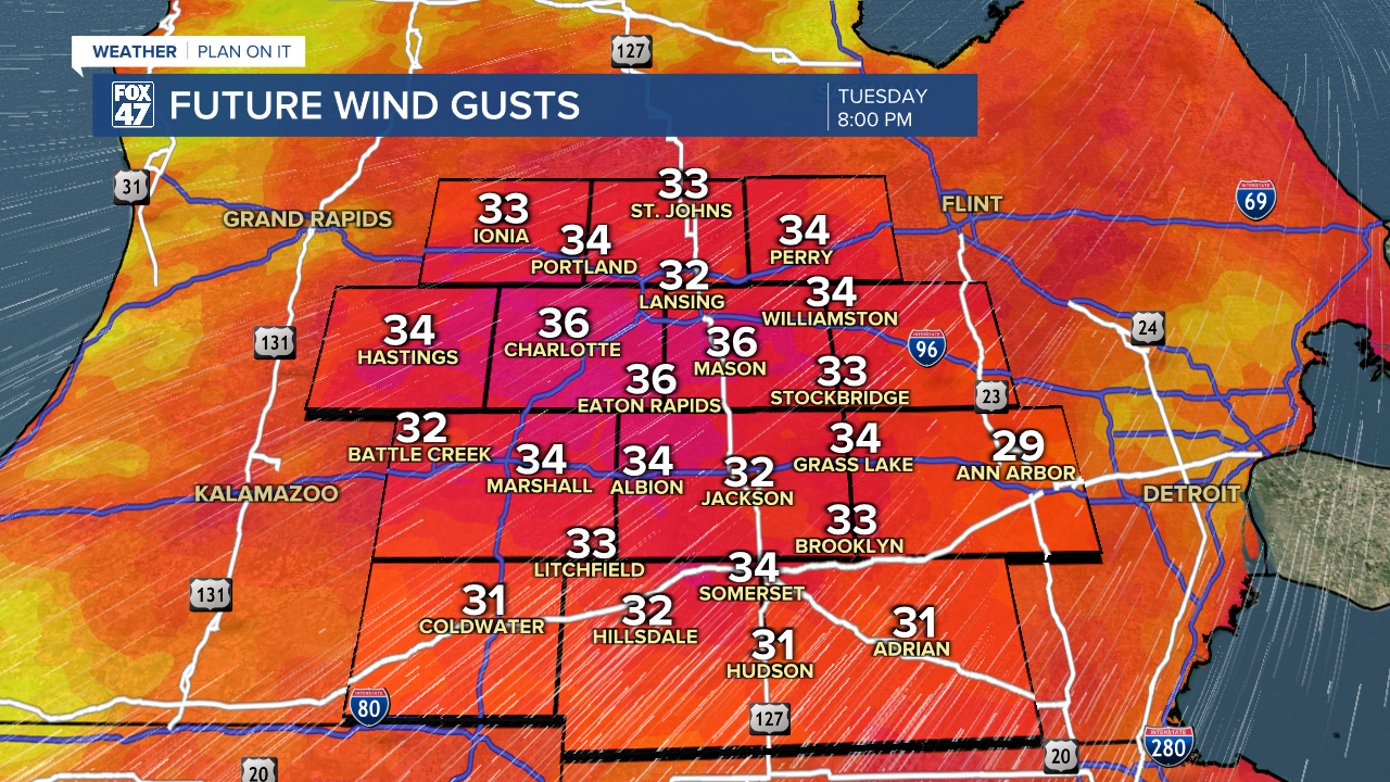 Winds strengthen ahead of weakening frontal passage with gusts up to 40 mph possible Tuesday evening