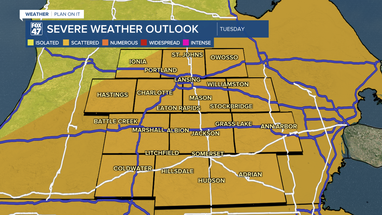 Slight risk for severe storms across much of Mid-Michigan Tuesday as the cold frontal passage advances through the state