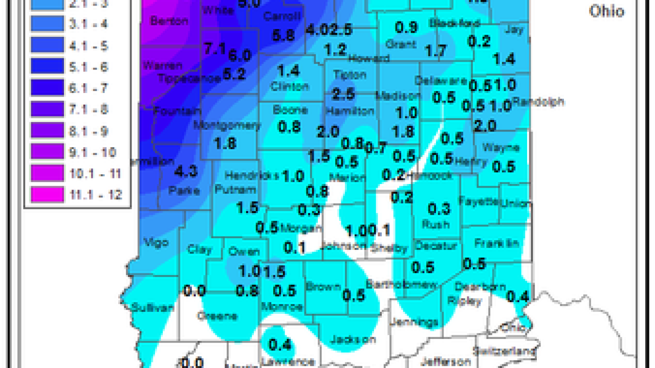 Wednesday snowfall totals across central Indiana
