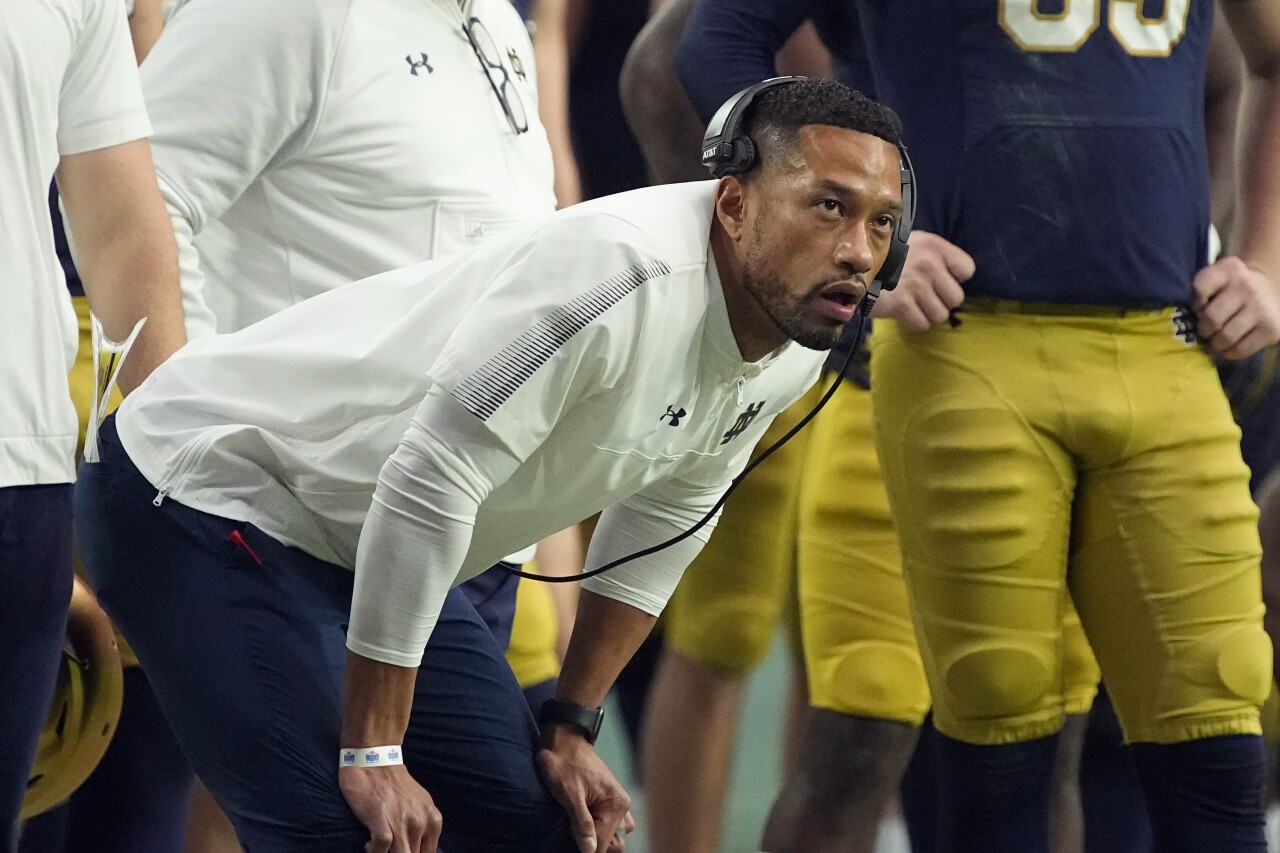 Notre Dame Fighting Irish head coach Marcus Freeman in Fiesta Bowl, Jan. 1, 2022