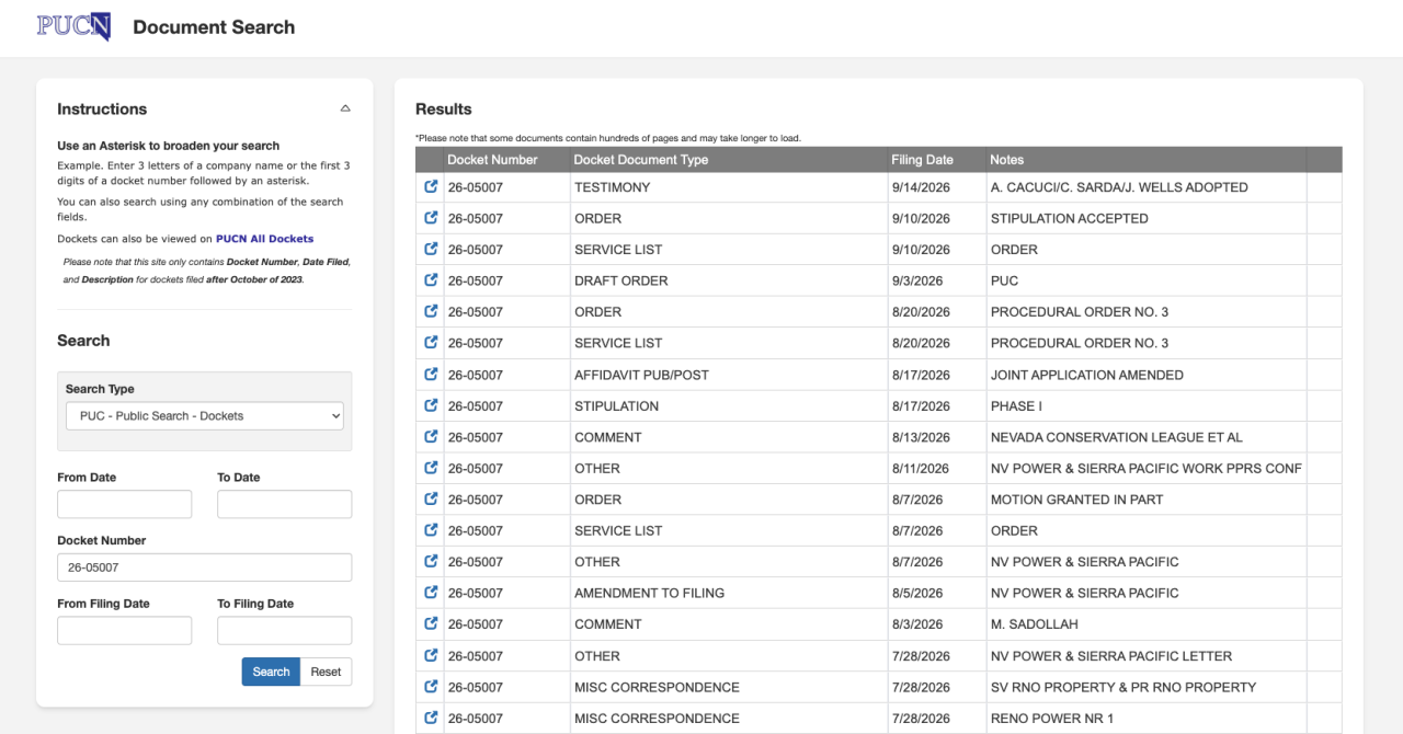 PUCN Document Search website example