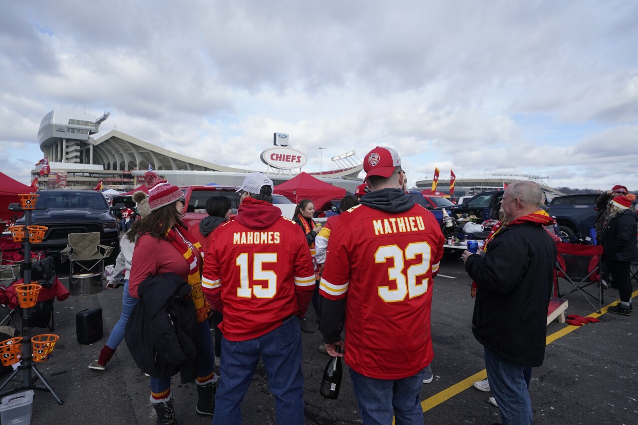 fans tailgate outside Arrowhead Stadium before Kansas City Chiefs game in January 2021