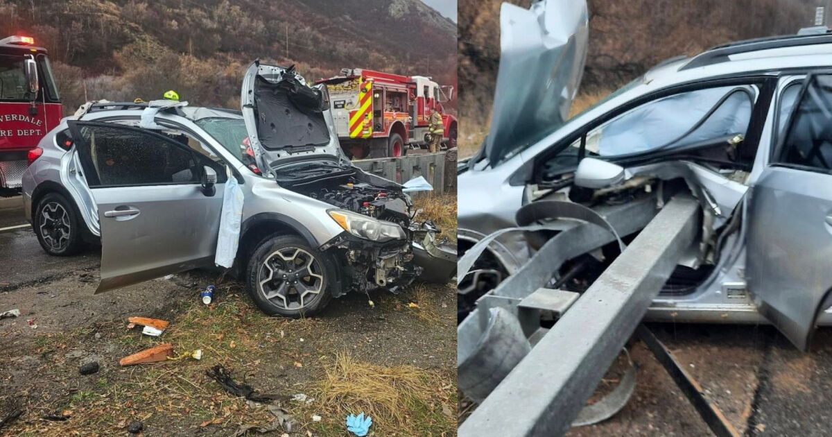 Driver escapes with minor injuries after car impaled on highway barrier