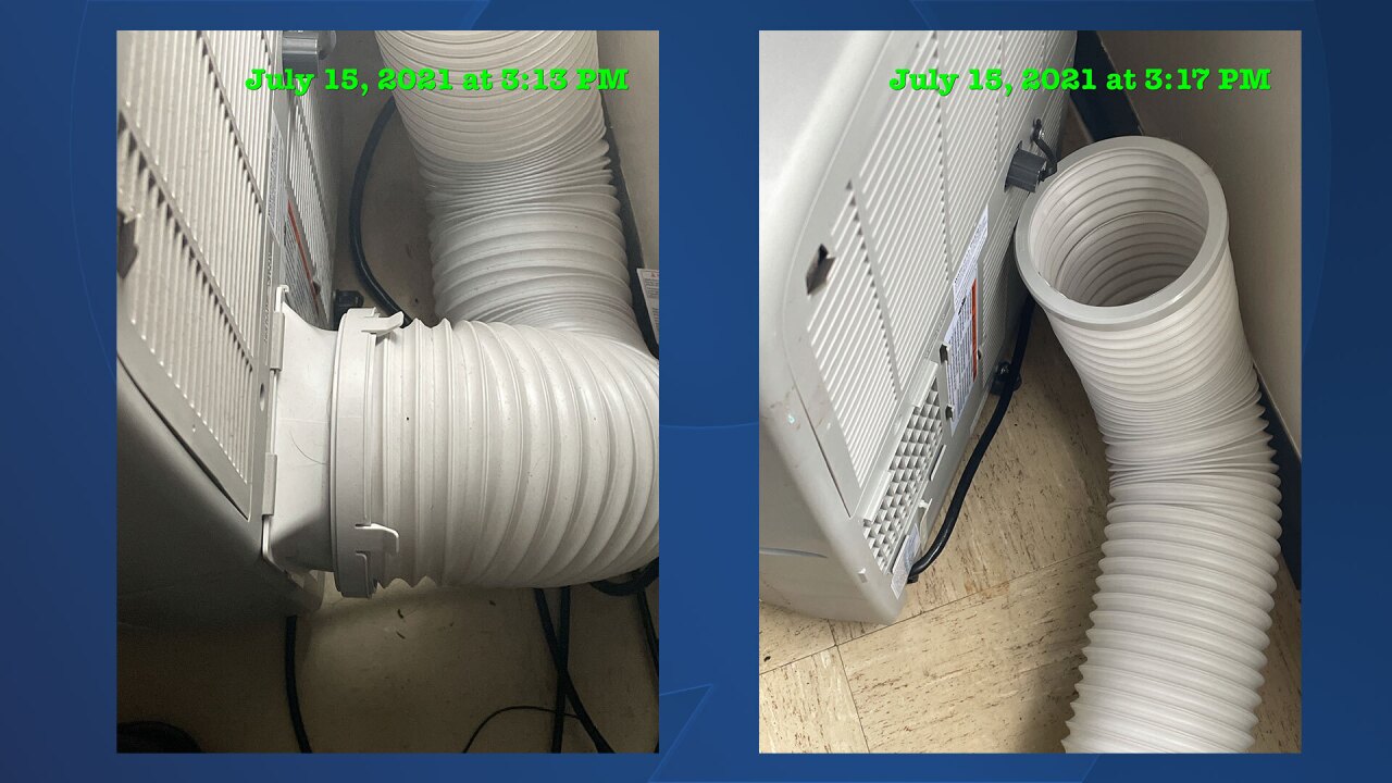 These two photos show the air conditioners that Willis Nibert had in his temporary home. The photo on the left shows the second-floor unit that worked because flexible tubing was attached to the device to draw hot air out a window. The photo on the right shows the air conditioner located on the first floor and flexible tubing sitting next to it. But the air conditioner lacked the part needed to attach the tubing to the device.