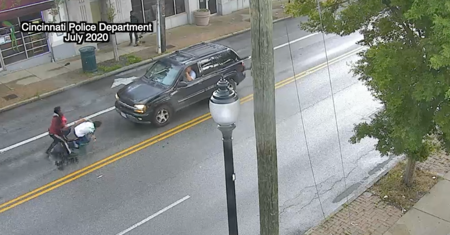 Screenshot of surveillance video from July 2020 of an attack on a Hispanic male