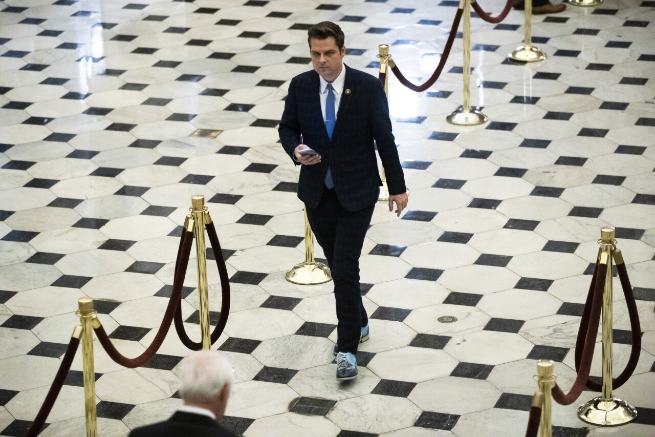 U.S. Rep. Matt Gaetz walks off House floor, Dec. 18, 2019