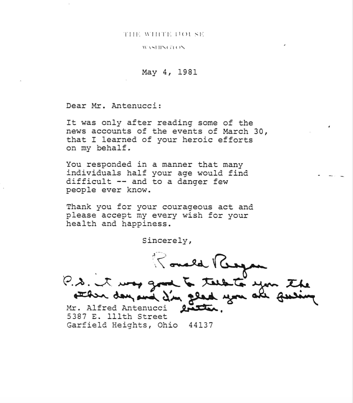 A letter from President Ronald Reagan to Alfred Antenucci