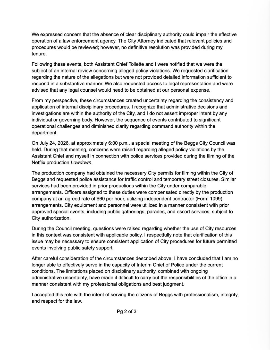 Gilbert Resignation Beggs Police