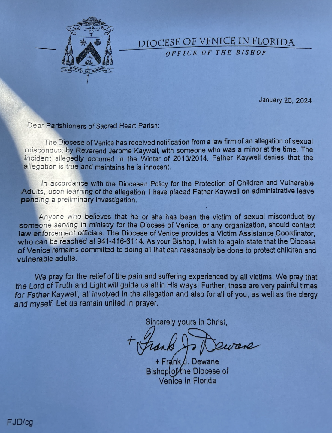 Letter from the Diocese of Venice in Florida