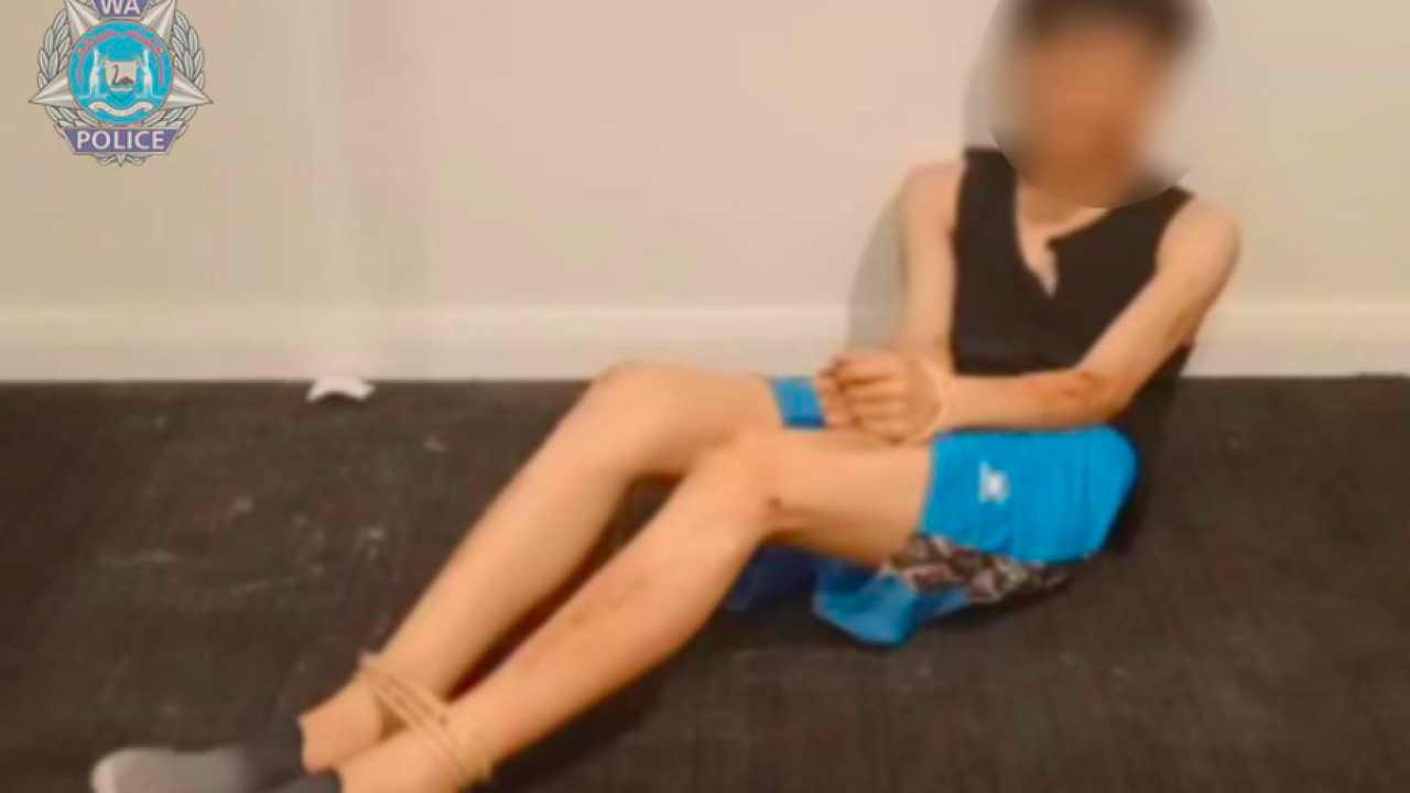 An image released by police in Western Australia shows an international student tied up in a virtual kidnapping scam, WA police say