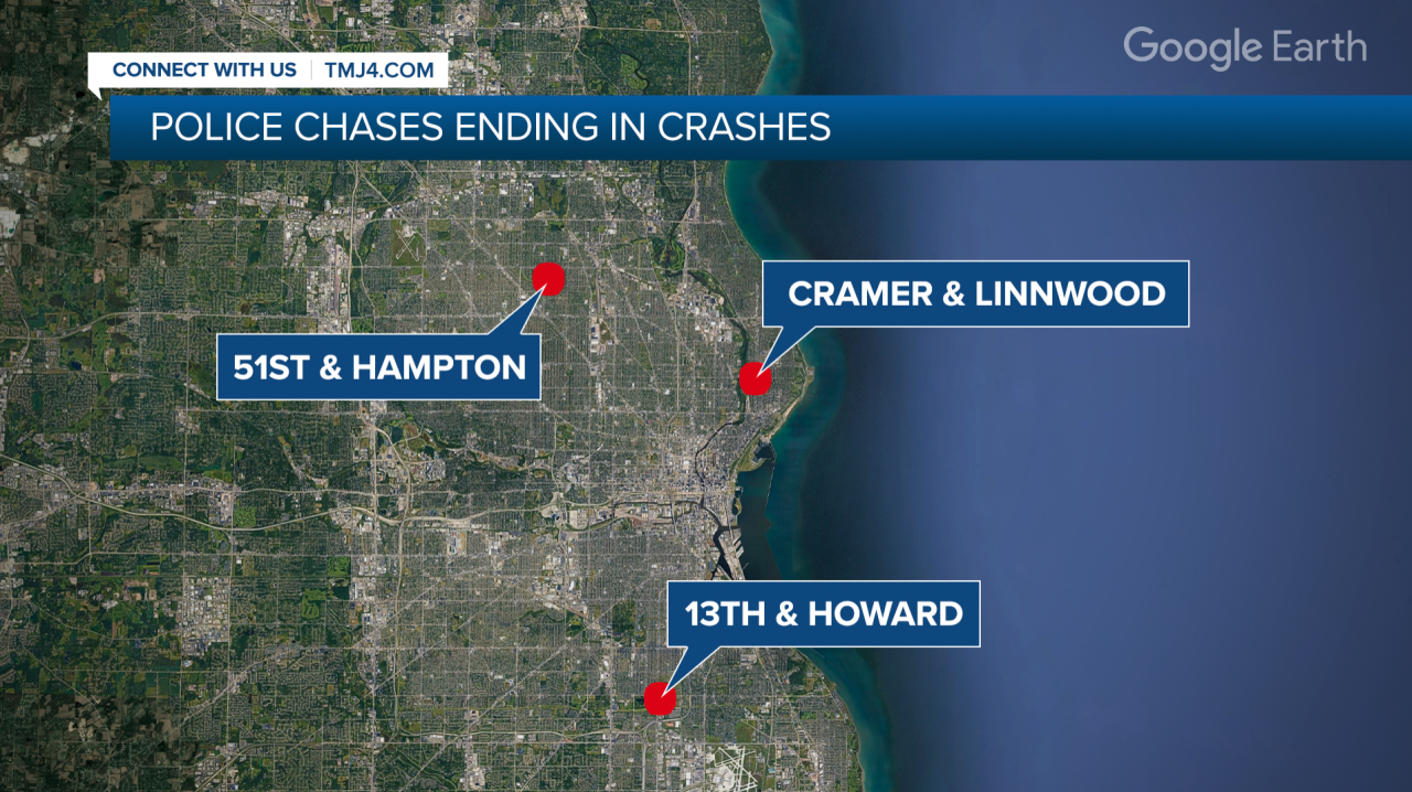 Locations of police chases ending in crashes