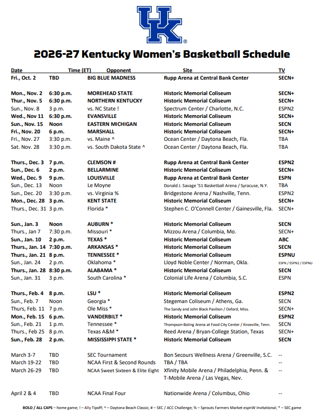 Kentucky WBB 2026-27 Schedule