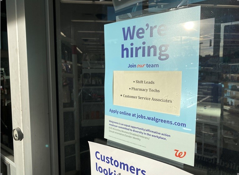 Sign advertising job openings in Walgreens